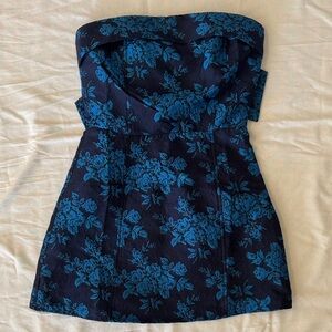 Strapless Navy Dress with Blue Floral Jacquard